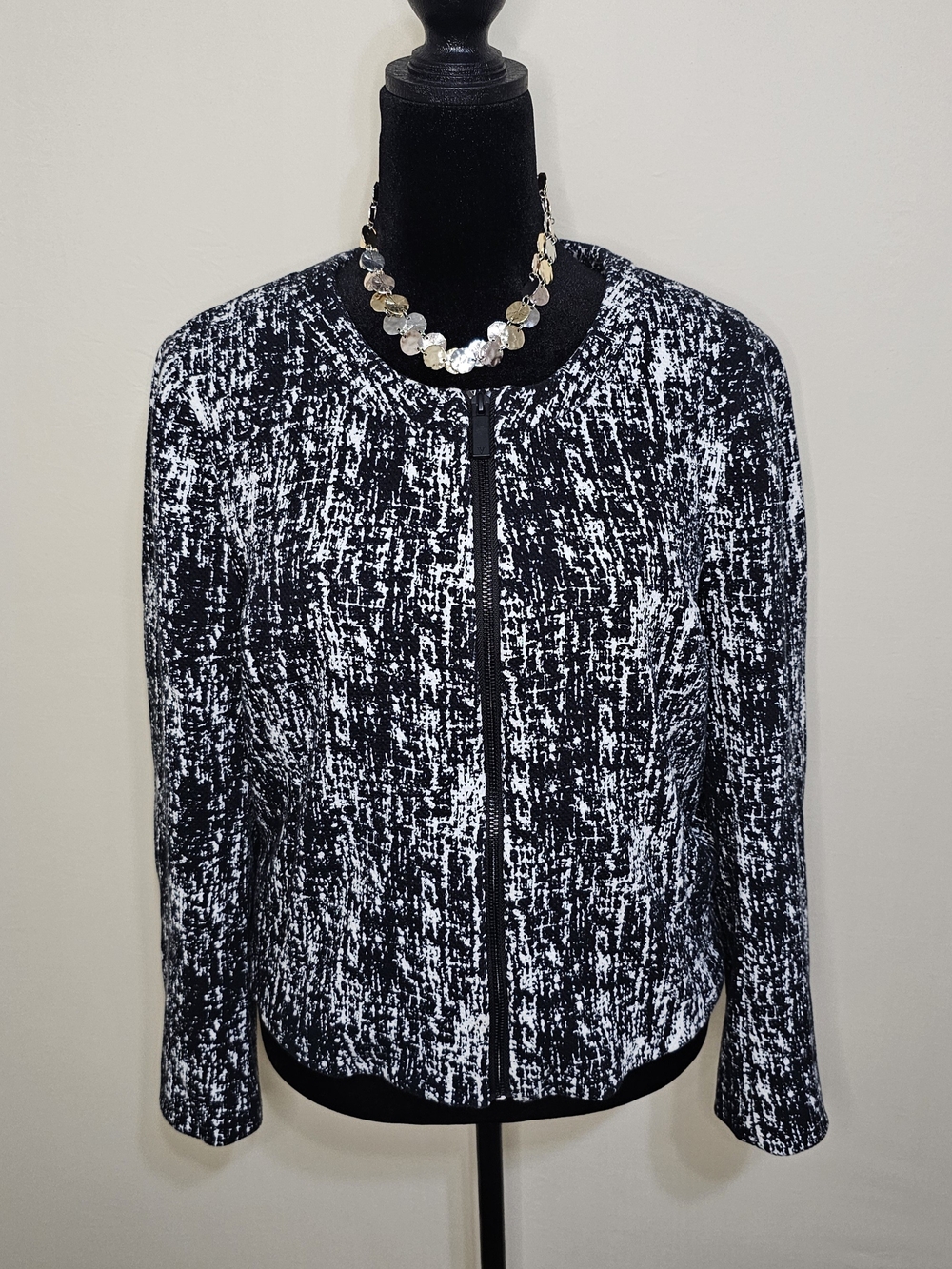 Vince Camuto Black White Abstract Tweed Zip Jacket Blazer Size L